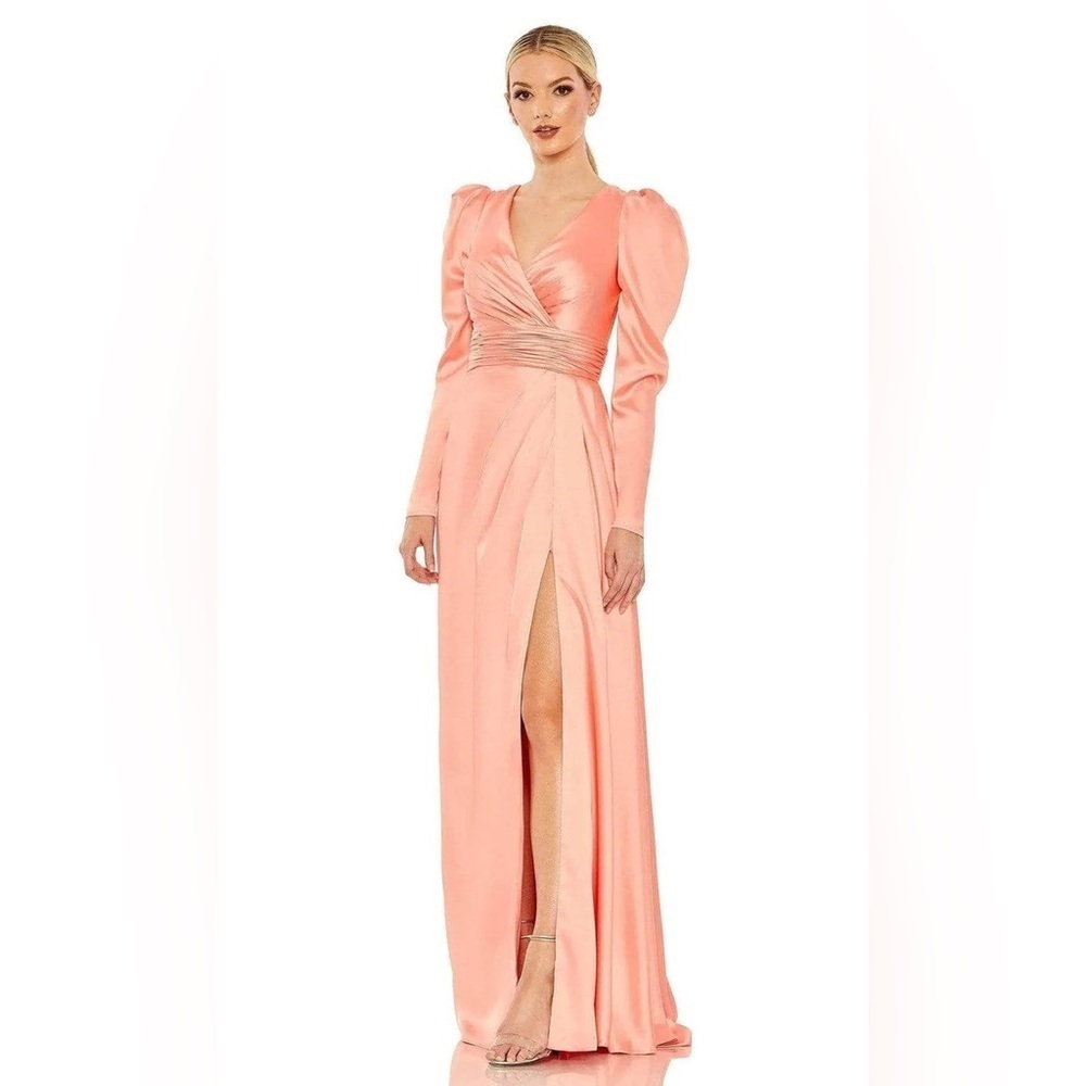 MAC DUGGAL 12404 NWT Faux Wrap Long Sleeve A Line Gown in Peach